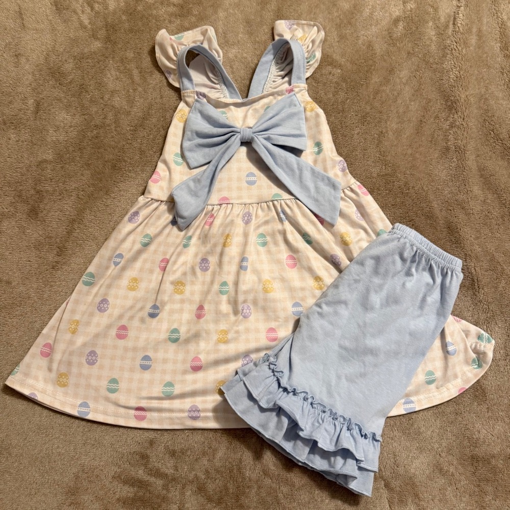Girls Easter Egg Gingham Dress and Ruffle Shorts Set Pastel Blue 6-7T 2XL